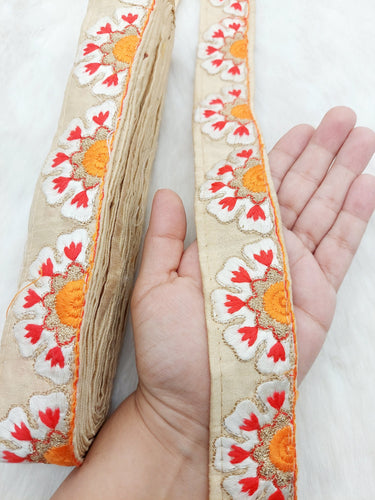 Beige Art Silk Lace Trim in Floral Embroidery, Decorative Trim, Trim By 3 Yards